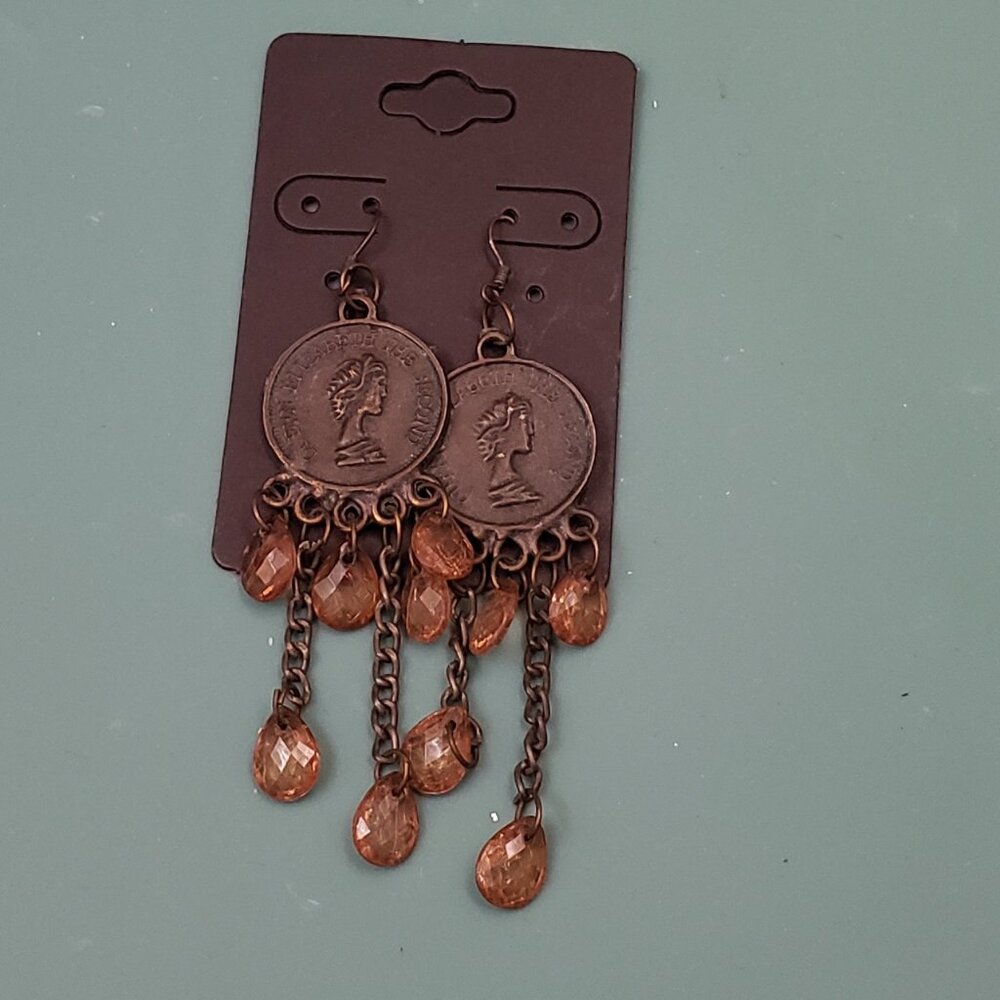 Bronze tone Queen Elizabeth the Second, dangle coin vintage earrings
